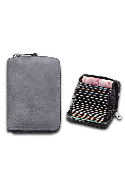 Kemer Dünyası Belt World Unisex 20 Compartments Black Zippered Gray Nubuck Leather Credit Card Holder