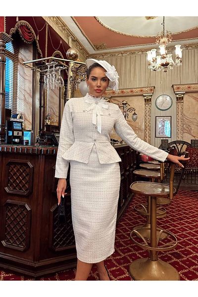 1Moda1Tarz Γυναικείο λευκό εισαγόμενο αξεσουάρ από ύφασμα τουίντ με ασημί και πέτρινο φόρεμα με λεπτομέρεια με επένδυση ειδικού σχεδίου
