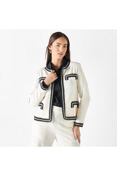 Iconic Textured Open Front Jacket With Long Sleeves