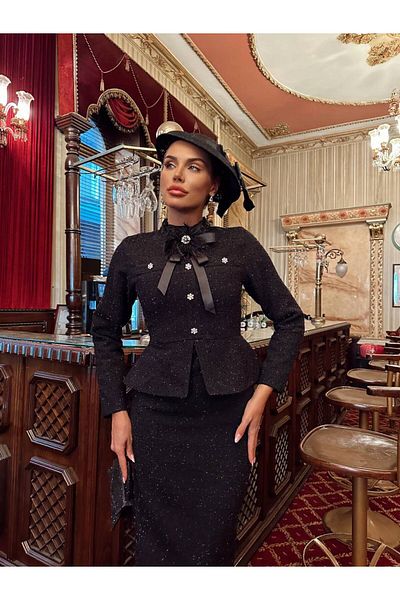 1Moda1Tarz Women's Black Imported Glitter Tweed Fabric Accessory and Stone Button Detail Lined Special Design Dress