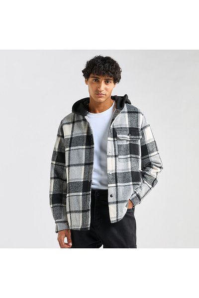 FAV Checked Hooded Shirt With Long Sleeves And Snap Button Closure