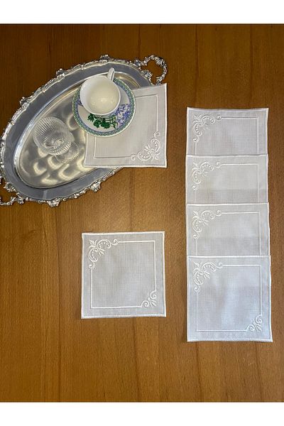 Smiling Home 6 Pieces of Linen Ecru Color Fate Patterned Cocktail Presentation Napkins