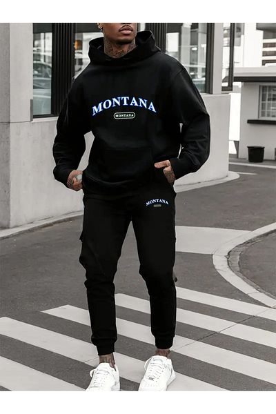 zunop Ανδρικό σετ αθλητικής φόρμας μαύρης Montana με στάμπα oversize