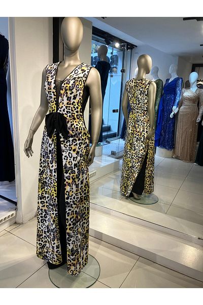 Robes Salopetă elegantă de seară cu decolteu în V cu imprimeu leopard și detaliu cu fundă