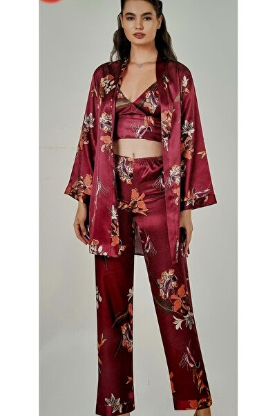 MOONGIRL Üçlü saten gecelik pijama takımı