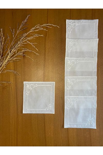 Smiling Home 6 Pieces of Linen Ecru Color Fate Patterned Cocktail Presentation Napkins