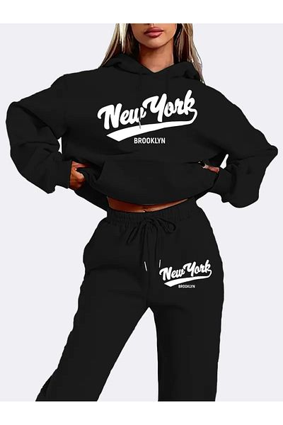 zunop Γυναικείο Σετ Φούτερ Oversize Μαύρο New York Brooklyn με στάμπα