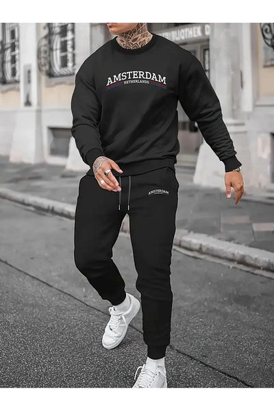 zunop Ανδρικό σετ φόρμας με στάμπα Amsterdam Oversize σε μαύρο χρώμα