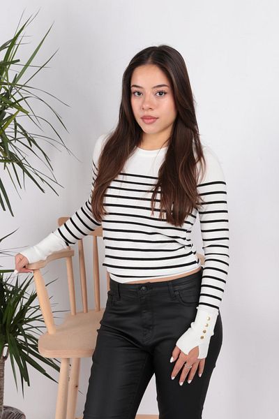 Fashion Friends Pulover cu decolteu cu dungi ecru