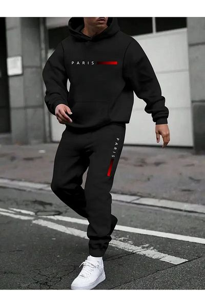 zunop Ανδρικό σετ φόρμας μαύρου Paris με στάμπα oversize