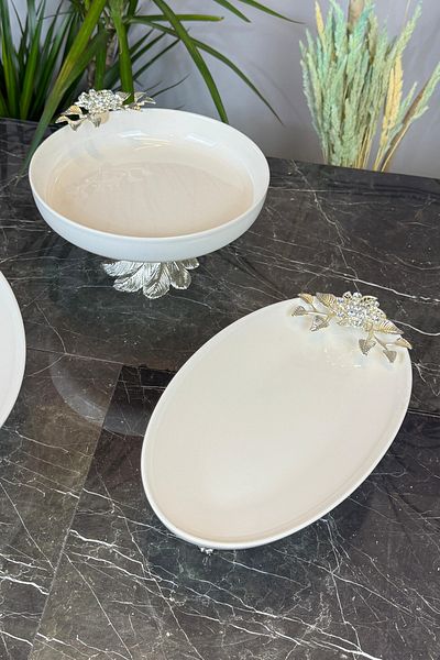 MAY HOME Bron 3-Piece Silver Porcelain Footed Bowl and Plate Presentation Set