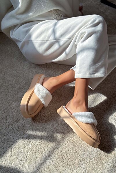 NİŞANTAŞI SHOES Akali Nude matt szőrme lapos talpú női házi papucs