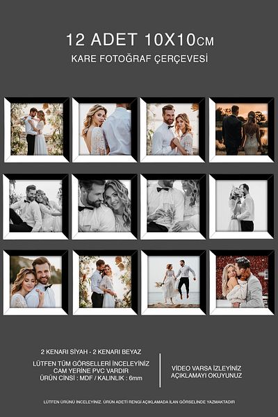 bymat 12 Pieces 10X10 Frame - Mdf Square Frame - Photo Frame - Black-White 2 Color Frame