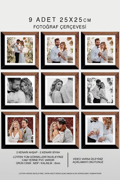Bytwo 9 Pieces 25X25 Frame - Mdf Square Frame - Photo Frame - Wood-Black 2 Color Frame