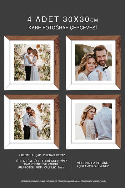 bymat 4 Pieces 30X30 Frame - Mdf Square Frame - Photo Frame - Wooden-White 2 Color Frame