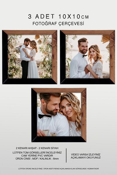 bymat 3 Pieces 10X10 Frame - Mdf Square Frame - Photo Frame - Wooden - Black 2 Color Frame