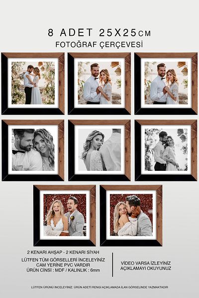bymat 8 Pieces 25X25 Frame - Mdf Square Frame - Photo Frame - Wood-Black 2 Color Frame