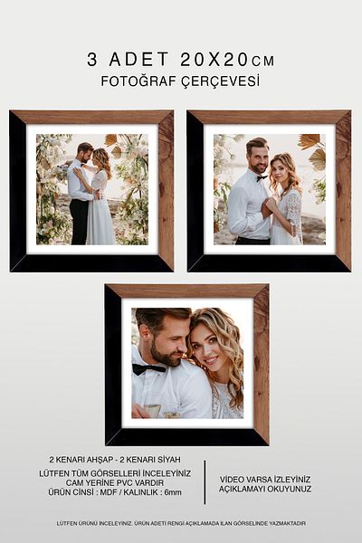 Bytwo 3 Pieces 20X20 Frame - Mdf Square Frame - Photo Frame - Wood-Black 2 Colors