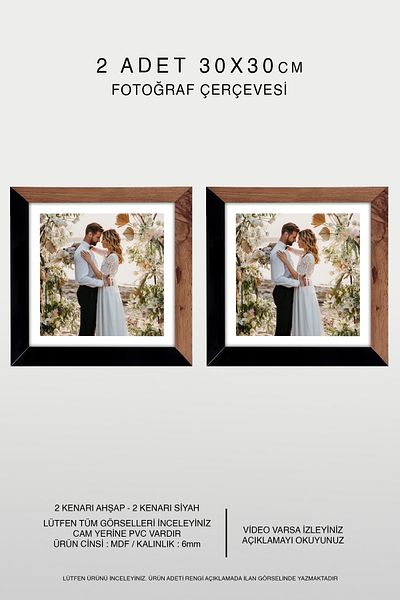 bymat 2 Pieces 30X30 Frame - Mdf Square Frame - Photo Frame - Wood-Black 2 Color Frame