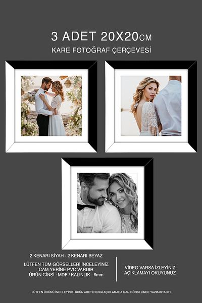 Bytwo 3 Pieces 20X20 Frame - Mdf Square Frame - Photo Frame - Black-White 2 Colors