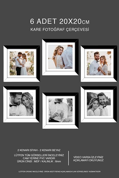 bymat 6 Pieces 20X20 Frame - Mdf Square Frame - Photo Frame - Black-White 2 Colors