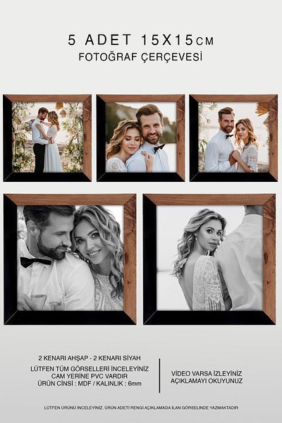 bymat 5 Pieces 15X15 Frame - Mdf Square Frame - Photo Frame - Wood-Black 2 Color Frame