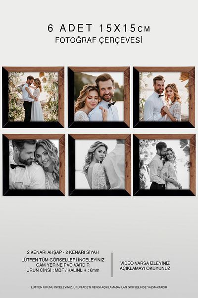 bymat 6 Pieces 15X15 Frame - Mdf Square Frame - Photo Frame - Wood-Black 2 Color Frame