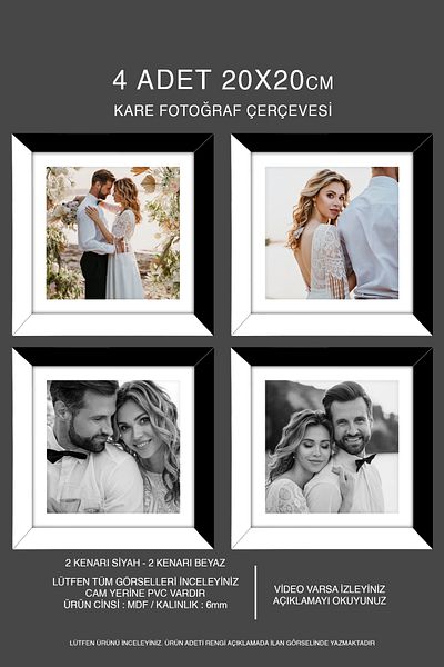 Bytwo 4 Pieces 20X20 Frame - Mdf Square Frame - Photo Frame - Black-White 2 Colors