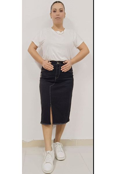 AKŞEN GİYİM Plus Size Women's 100% Cotton Lycra Denim Fabric Short Jeans Skirt with Slit Detail on the Front