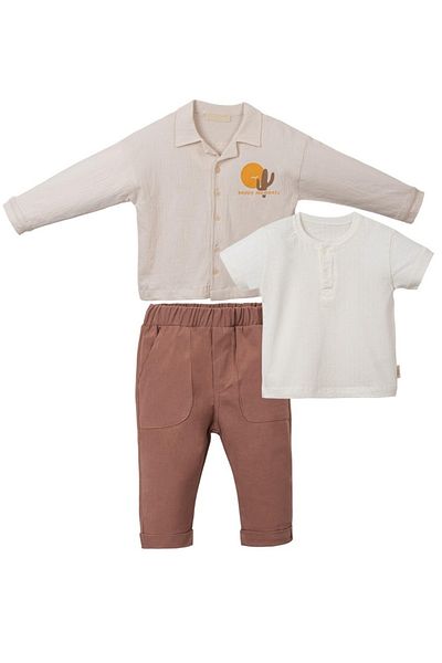CreativeBebe Мъжка ленена риза - комплект от 3 части, щампа с кактуси, къс ръкав, ластик на талията, панталон с джобове