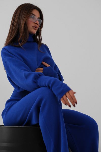 4S1B FASHION Pulover cu gât și pantaloni tricotați cu talie înaltă - Set de tricotaje albastre cu mâneci lungi 015