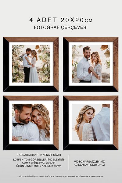 bymat 4 Pieces 20X20 Frame - Mdf Square Frame - Photo Frame - Wood-Black 2 Colors