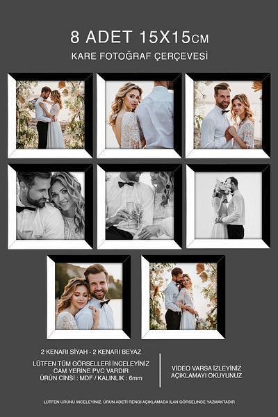 bymat 8 Pieces 15X15 Frame - Mdf Square Frame - Photo Frame - Black-White 2 Color Frame