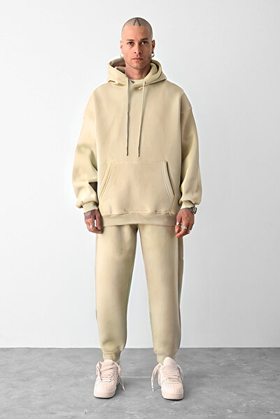 YAKAMEL Men's 3-Thread Hooded Puff High Waist Tracksuit Suit