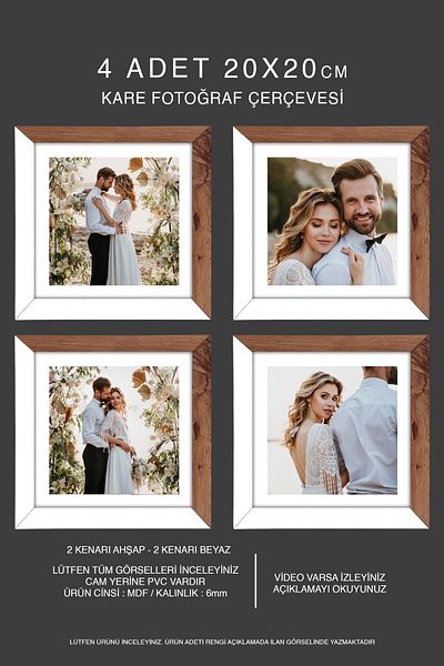bymat 4 Pieces 20X20 Frame - Mdf Square Frame - Photo Frame - Wood-White 2 Colors