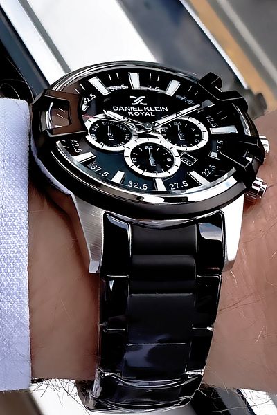 Daniel Klein Men's Wristwatch Platinum Plated 3 ATM Waterproof Black Color Steel Strap + Bracelet DKE2069C6