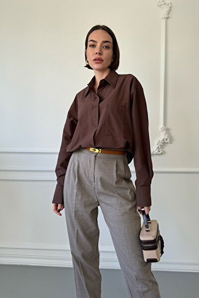 MAGARDE Oversize popelínová košile - zapínání, hnědá