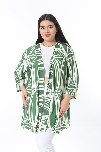 Şans Women's Large Size Green Capri Sleeve Lycra Cardigan with Side Pockets 65N38467