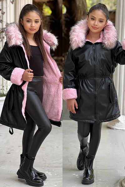 ELAFOR Plug-In Genuine Imported Fur Hooded Plush Inside Full Winter Girl's Black Leather Coat