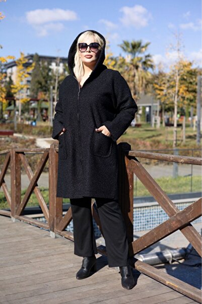 Şans Kadın Büyük Beden Siyah Buklet Kumaş Kapüşonlu Astarsız Kaban 65N38451