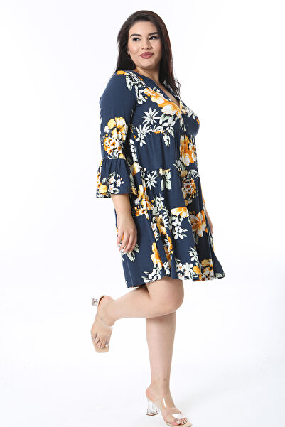 Şans Women's Large Size Navy Blue V-Neck Long Sleeve Layered Dress 65N38474