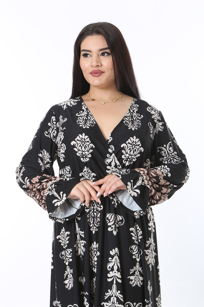 Şans Women's Plus Size Black Wraped Collar Waist and Sleeve Rubber Detailed Dress 65N38473