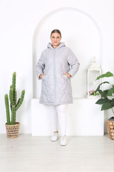 Şans Women's Large Size Gray Hooded Quilted Coat with Fiber Lining 65N38452