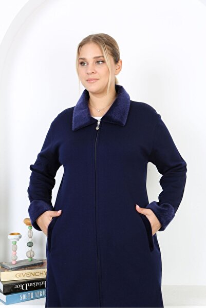 Şans Жіночий великий розмір темно-синій трикотажний светр без підкладки з кишенями 65N38455