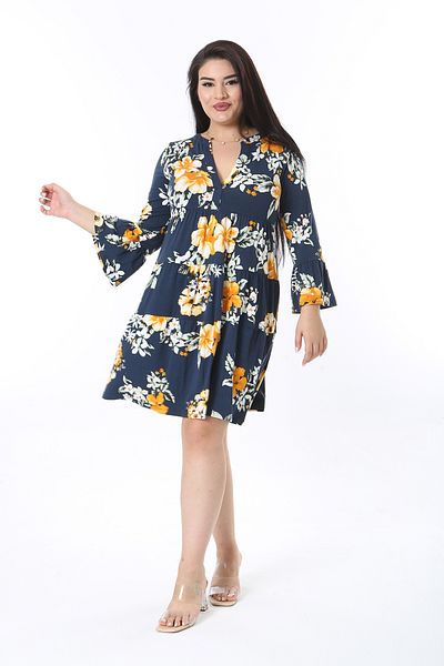 Şans Women's Large Size Navy Blue V-Neck Long Sleeve Layered Dress 65N38474