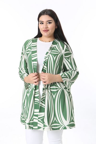 Şans Women's Large Size Green Capri Sleeve Lycra Cardigan with Side Pockets 65N38467