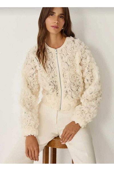 ARSUVAL New Season Premium Cream Rose Bomber Jacket - 3D Rose