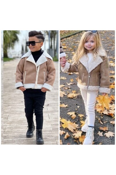 Bisahane Kız Ve Erkek  Çocuk Yandan Fermuarlı Sütlü Kahve Süet Ceket