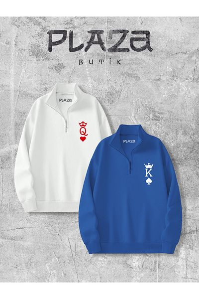 Plaza Butik Unisex Half Zip King and Queen Printed Lover Couple Sweatshirt Combination