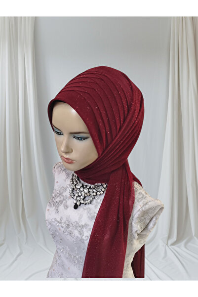NurAy Bordo Simli Tektek Hazır Şal Hazır Türban Abiye Şal